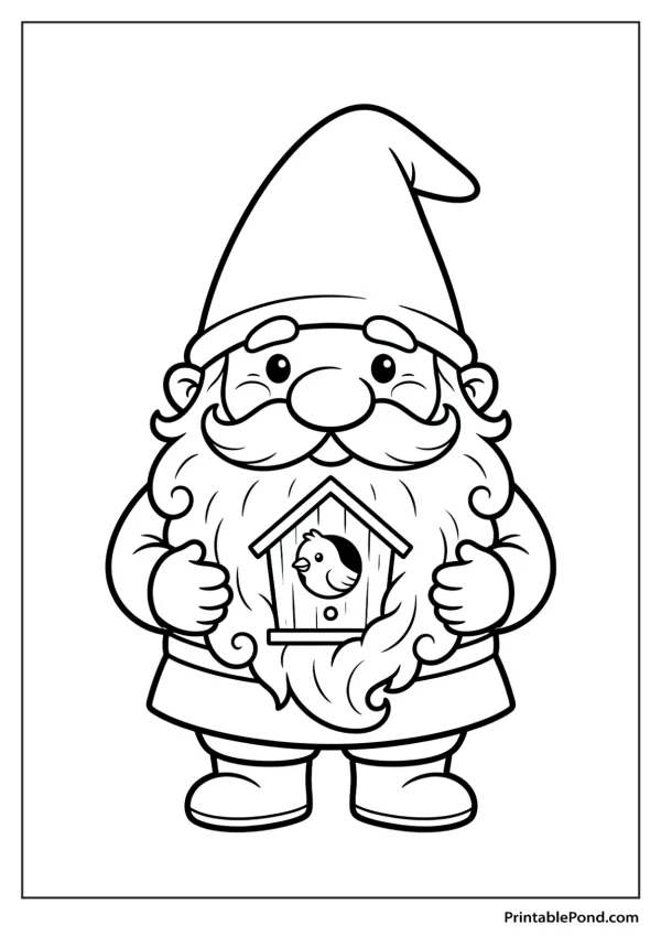Black and white line drawing of a cartoon gnome holding a birdhouse with a small bird inside.