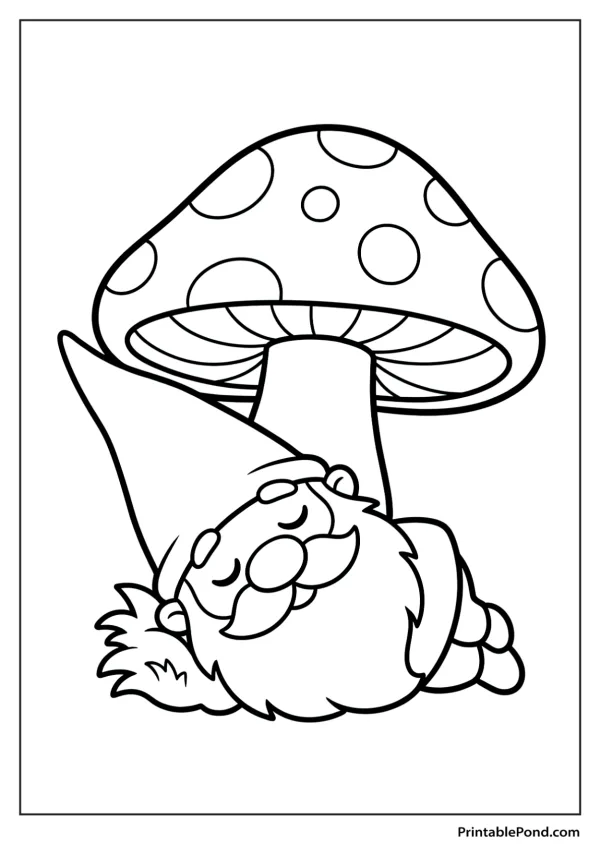 A cute gnome with a pointy hat sleeps soundly under a large mushroom with polka dots.