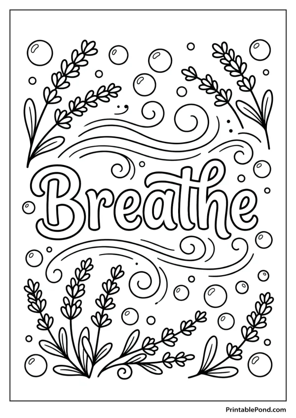 Coloring page with the word Breathe in decorative lettering surrounded by swirls, bubbles, and lavender sprigs.