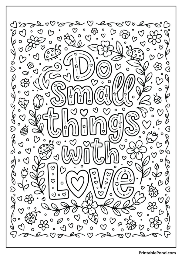 Text reads 'Do small things with love' surrounded by hearts, flowers, leaves, and ladybugs.