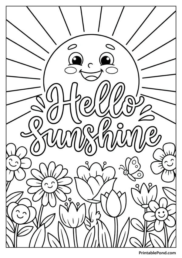 A smiling sun with rays shines over a field of happy flowers and a butterfly.