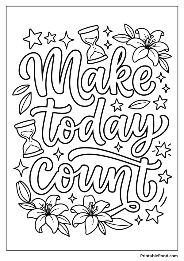 Hand lettering that says Make today count with hourglasses, flowers, and stars surrounding it.
