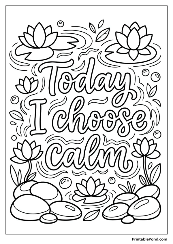 Coloring page with the words Today I Choose Calm surrounded by water lilies and pebbles.