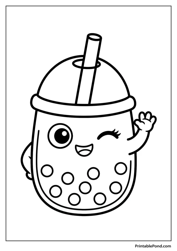 A cute cartoon boba tea cup character winks and waves with one hand.
