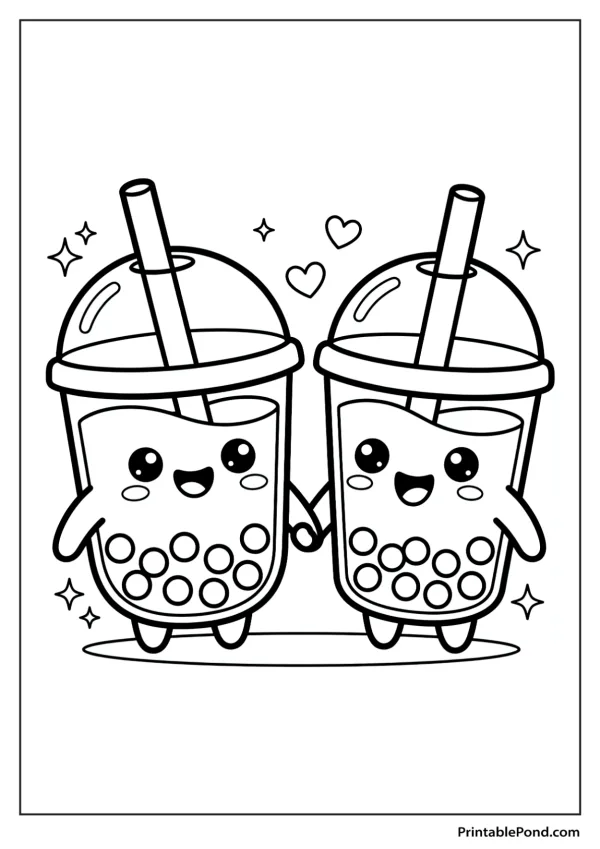 Two cute cartoon boba tea cups with smiling faces holding hands with straws and tapioca pearls.