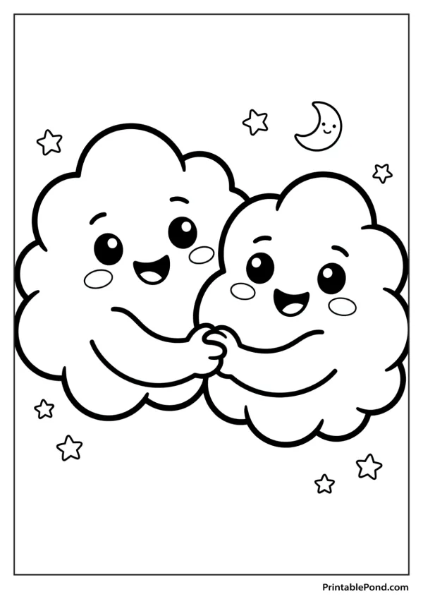 Two cute, smiling clouds with arms around each other, holding hands, surrounded by stars and a moon.