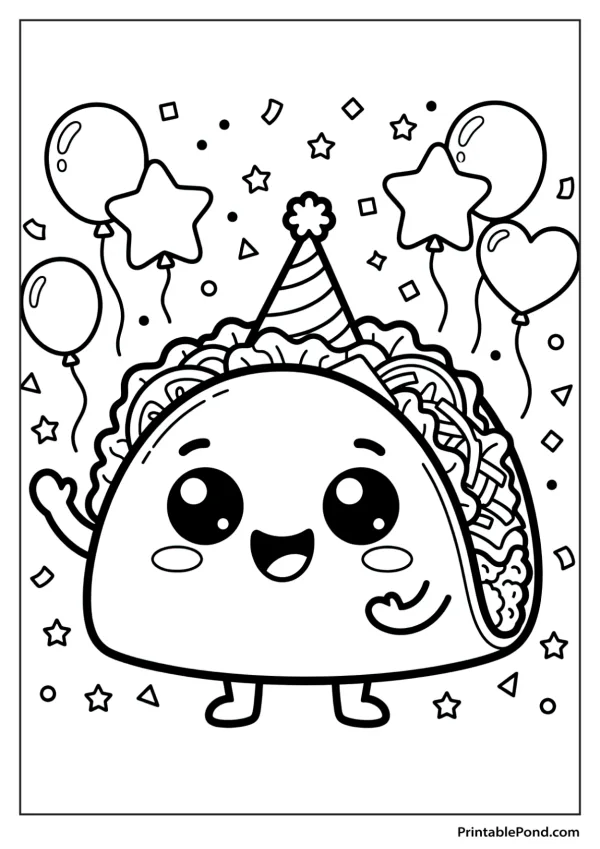 A smiling kawaii taco wearing a party hat, with balloons and confetti around it.