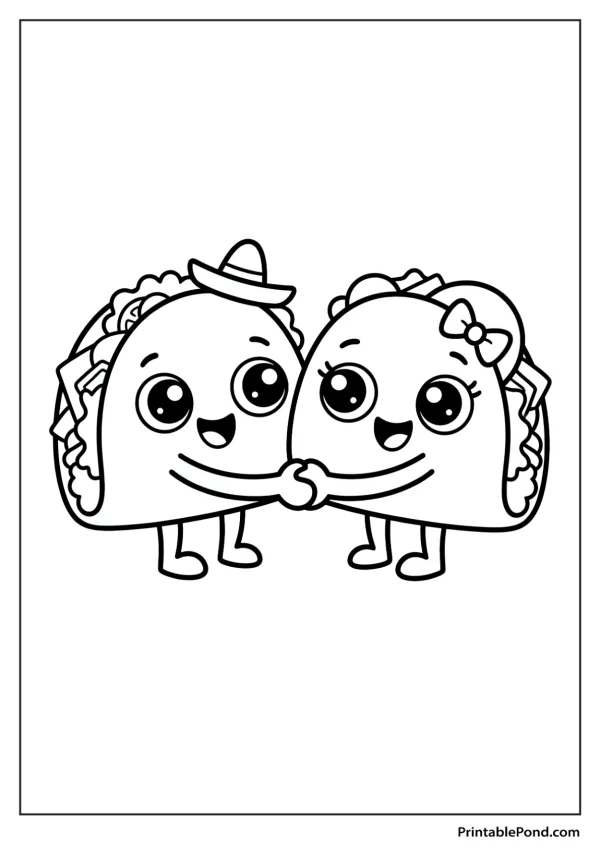 Two smiling cartoon tacos holding hands, one wears a sombrero, the other a bow.