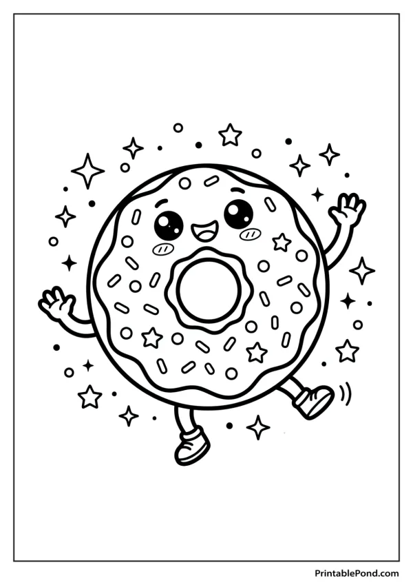 A kawaii donut with a happy face, arms, and legs, surrounded by stars and dots.