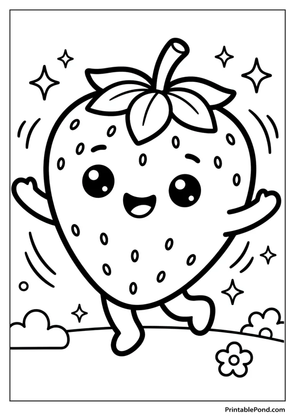A cartoon strawberry with big eyes and a happy smile dances surrounded by sparkles and clouds.