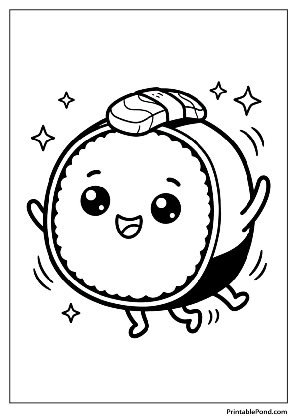 A cartoon sushi roll with a smiling face, arms, and legs, decorated with stars.