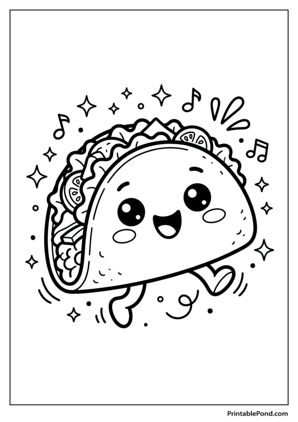 A cute cartoon taco with a happy face and arms and legs is dancing surrounded by stars and musical notes.