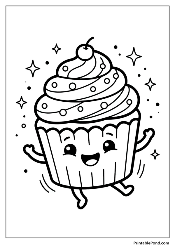 A smiling cupcake with a cherry on top and sprinkles dances happily, surrounded by stars and dots.