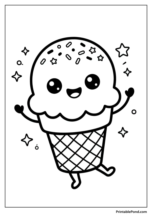 A kawaii ice cream cone with sprinkles, stars, and sparkles, with its arms and legs out.