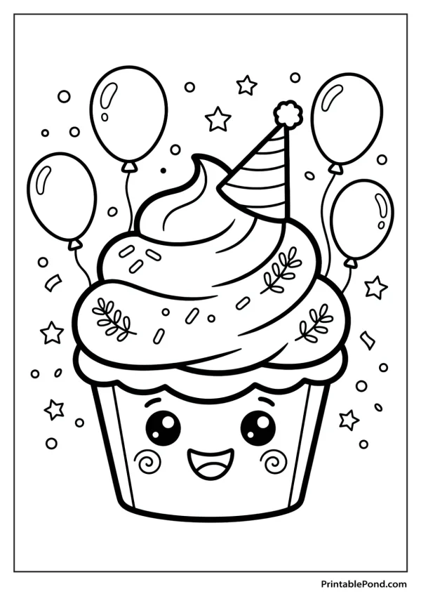 Outline of a smiling kawaii cupcake wearing a party hat surrounded by balloons, confetti, and stars.