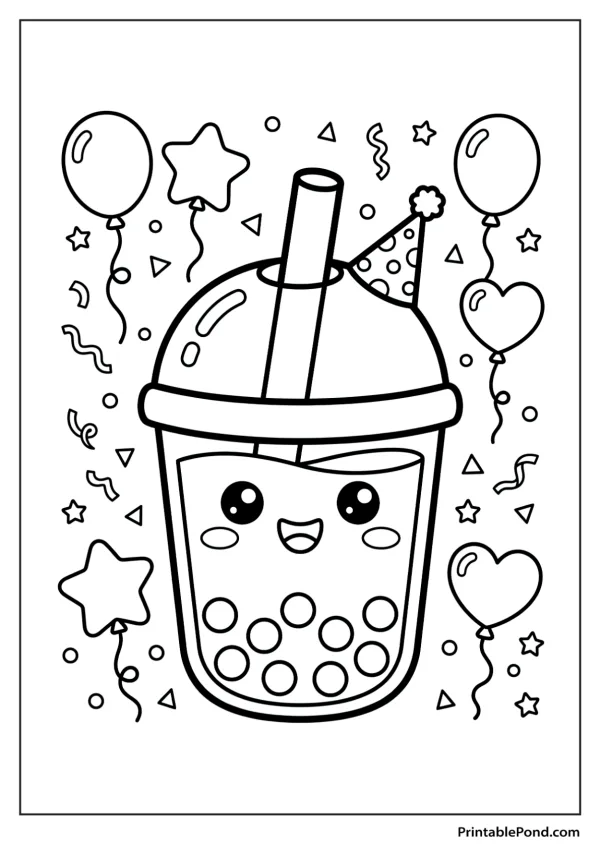 A cute boba tea cup with a happy face wears a party hat, surrounded by balloons and confetti.