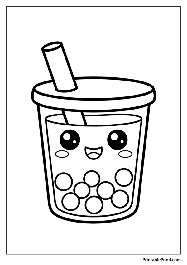 A cute boba tea cup with a happy face and a straw, ready for coloring.