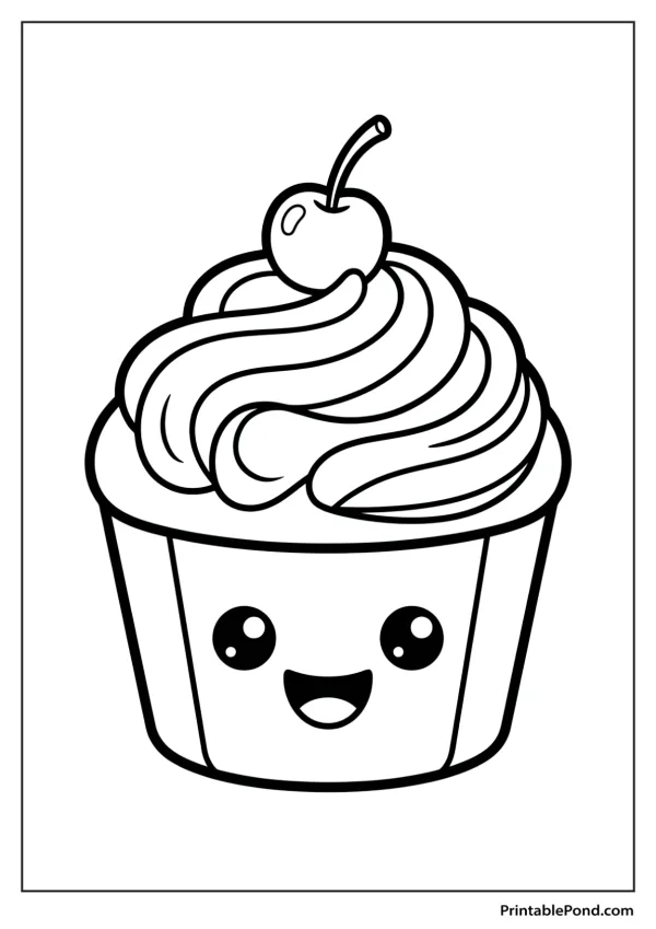 Outline of a cute kawaii cupcake with big eyes, a smiling mouth, and a cherry on top of the frosting.