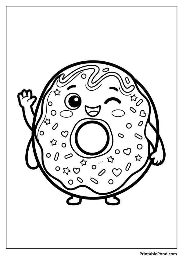 A cute cartoon donut with a happy face winks and waves, covered in frosting and sprinkles.