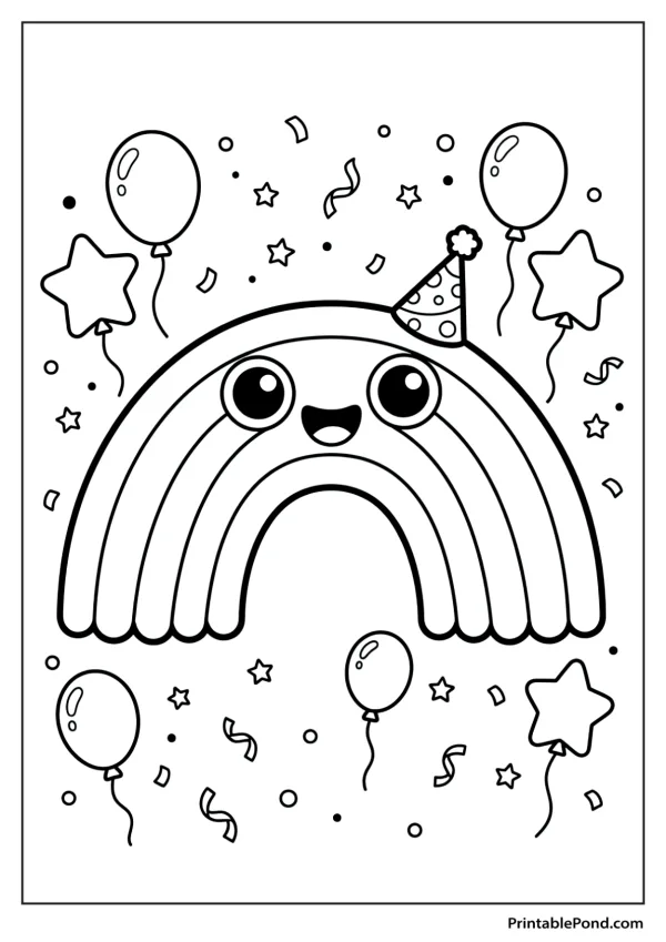 A smiling kawaii rainbow character wearing a party hat, surrounded by balloons, stars, and confetti.
