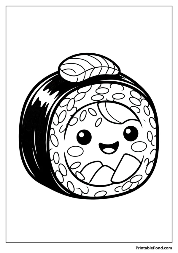 A cute cartoon salmon sushi roll with a smiling face and a piece of salmon on top, ready to be colored.