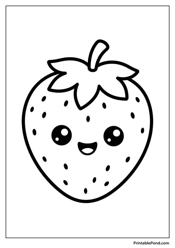 Outline of a cute strawberry with big eyes and a wide smile, ready to be colored.