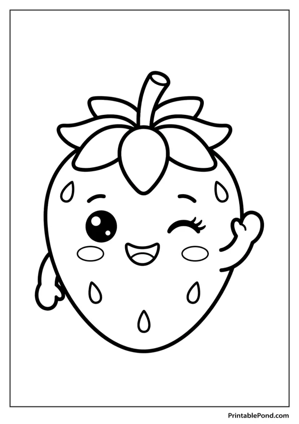 A cute cartoon strawberry with a face, winking and waving one arm, on a white background.