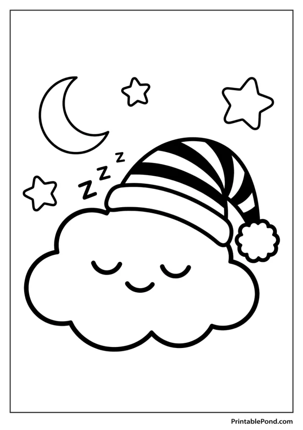 A cute cloud wearing a striped sleeping cap with a pom-pom, surrounded by stars and a crescent moon.