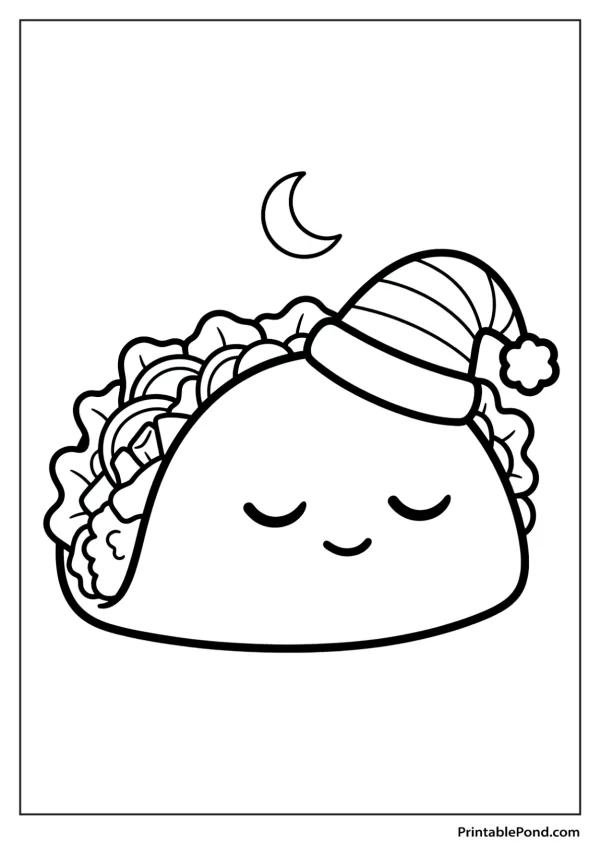 A cute kawaii taco wearing a striped sleeping cap, with eyes closed and a crescent moon above.