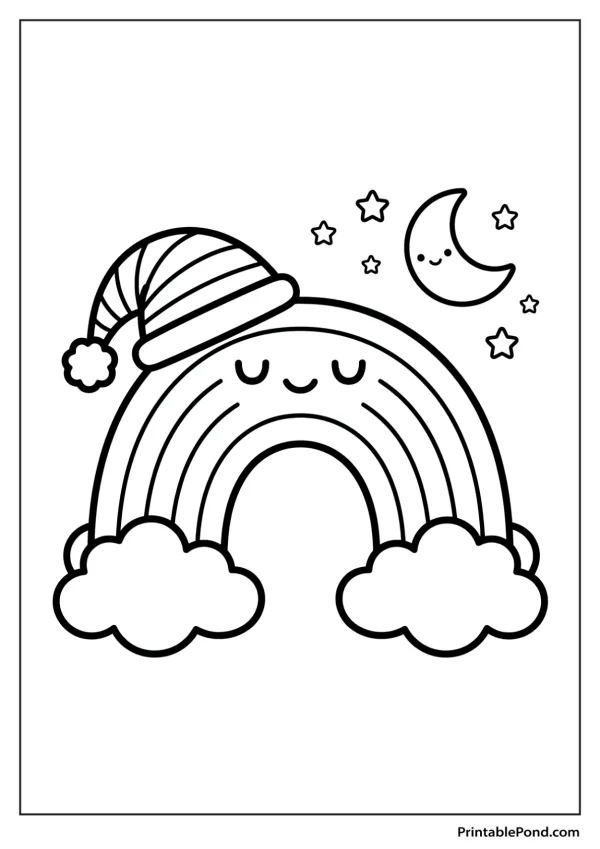 A cute rainbow wearing a striped sleeping cap, with a smiling moon and stars.