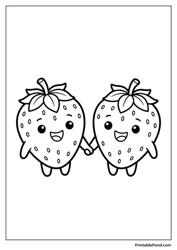 Two cartoon strawberries with smiling faces and small arms holding hands, outlined for coloring.