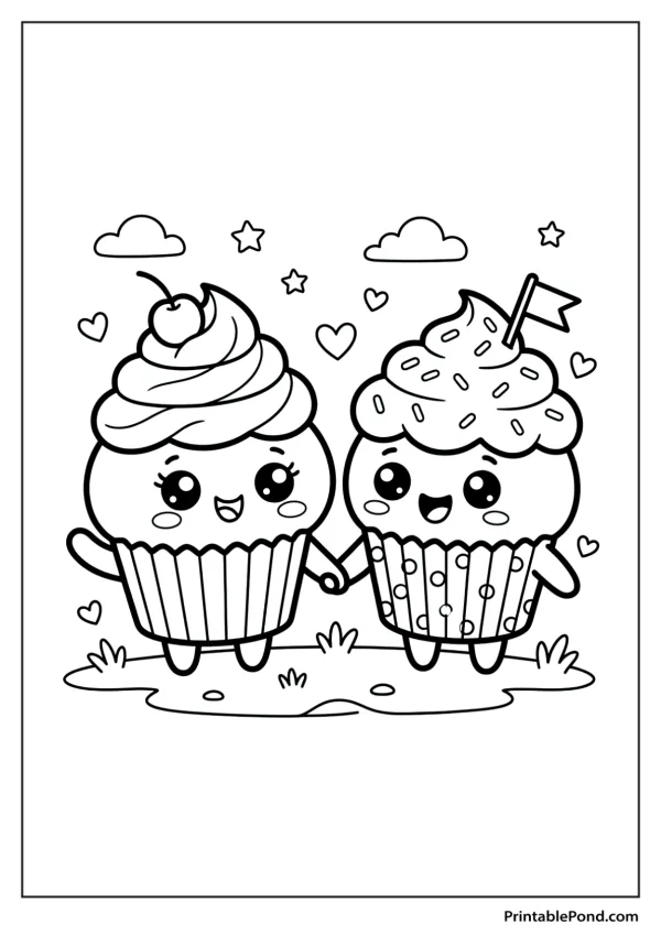 Two cute cartoon cupcakes with faces holding hands, surrounded by hearts and clouds.