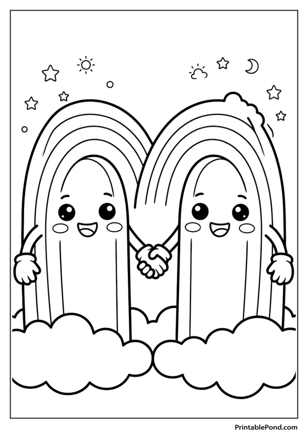 Two cartoon rainbows with faces and arms holding hands, standing on clouds under stars and a moon.
