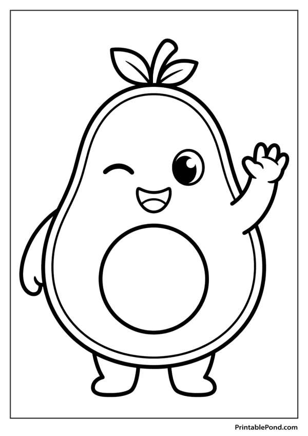 A cartoon avocado with a face, winking and waving its hand, ready to be colored.
