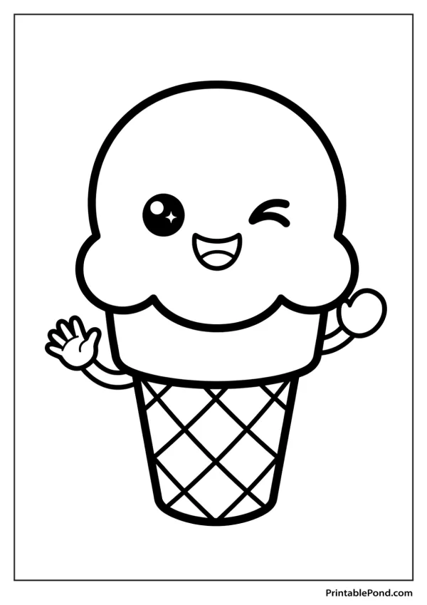 Outline of a happy, winking, waving kawaii ice cream cone with a smiling face and a waffle cone.