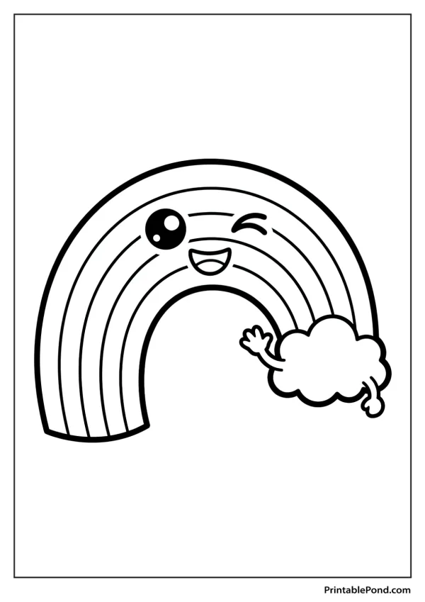 Outline of a winking kawaii rainbow with a happy cloud waving hello.