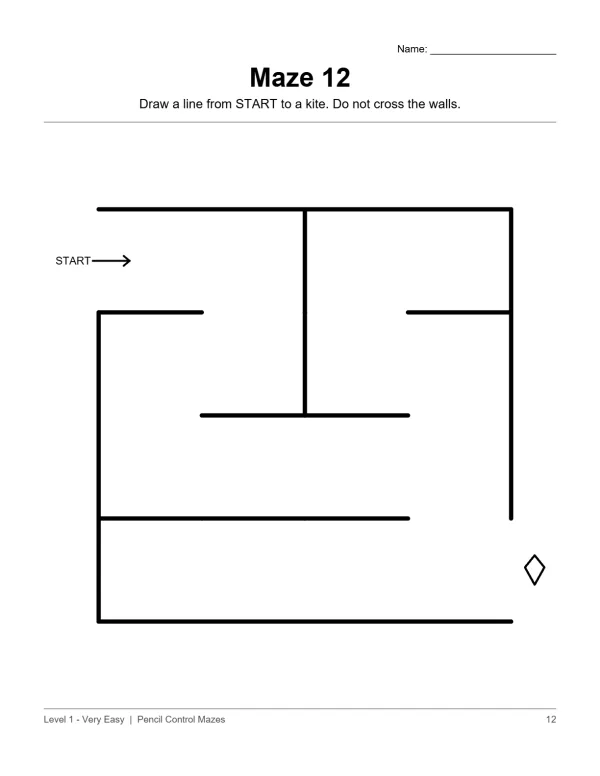 Maze 12 with a start arrow and a diamond shape at the end, with instructions to draw a line.