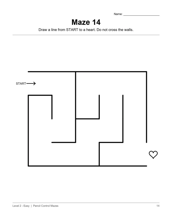 An easy maze for children to draw a line from the start arrow to the heart shape.