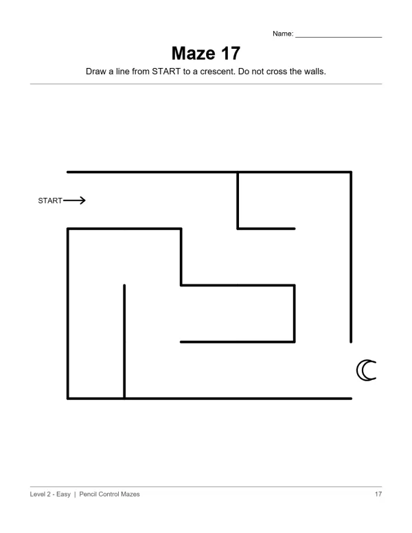 A simple maze with thick black lines, a START arrow, and a crescent moon as the goal.