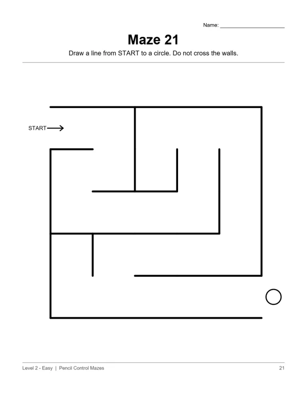 A simple square maze with a clear path from START to a small circle.