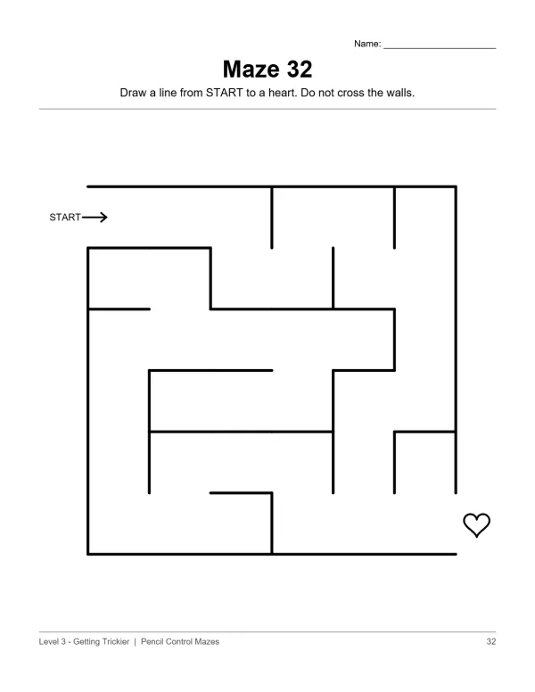 A simple maze with a start arrow and a heart at the end, intended for pencil control practice.