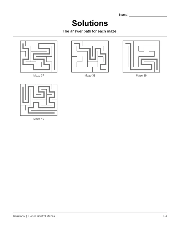 Solutions page showing the correct path through four different mazes, labeled 37, 38, 39, and 40.