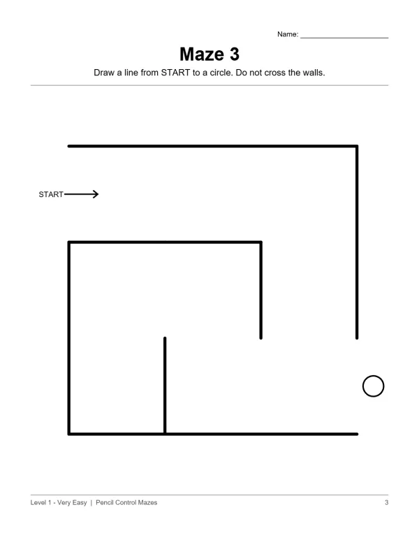 A very simple maze with thick black lines and a clear path from START to a circle.