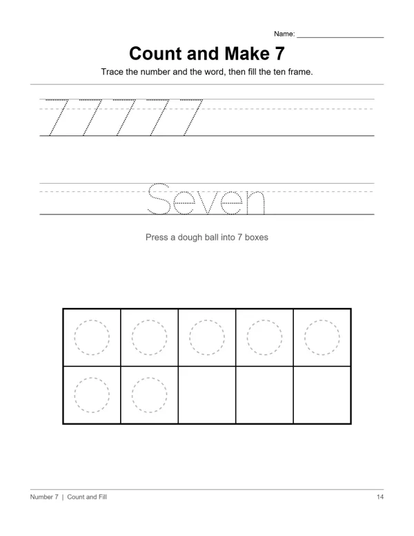 Worksheet shows tracing the number 7, the word seven, and a ten frame to fill.
