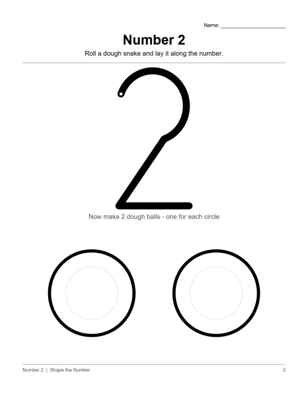 Play dough mat with a large number 2 outline and two circles below for dough balls.