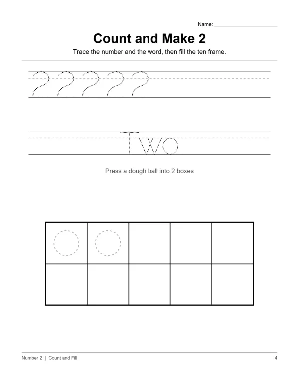 Worksheet with dotted number 2s to trace, the word TWO to trace, and a ten frame with two circles.