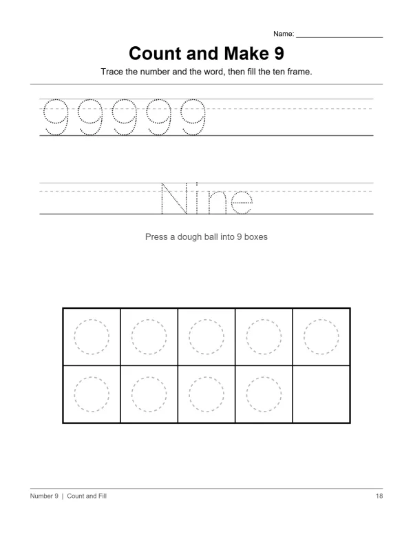 Worksheet for tracing the number nine and word, with a ten frame to fill.