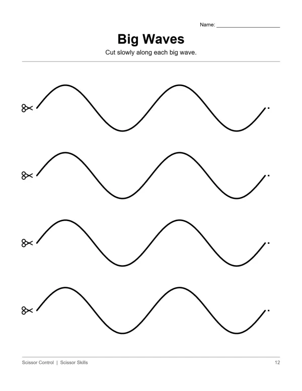 Four wavy lines with scissors icons on the left, for cutting practice.