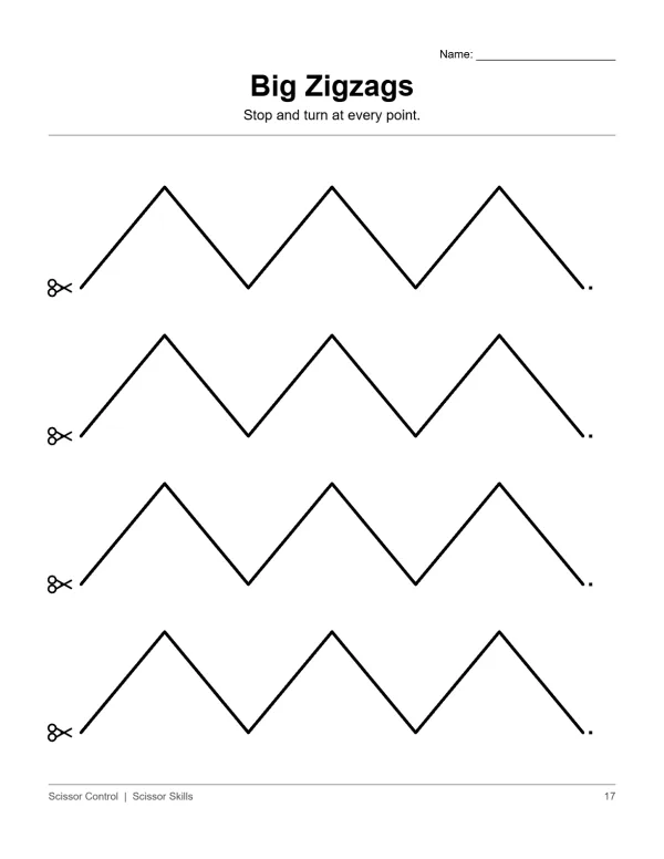 Zigzag cutting practice lines with scissors icon on the left and a dot on the right.