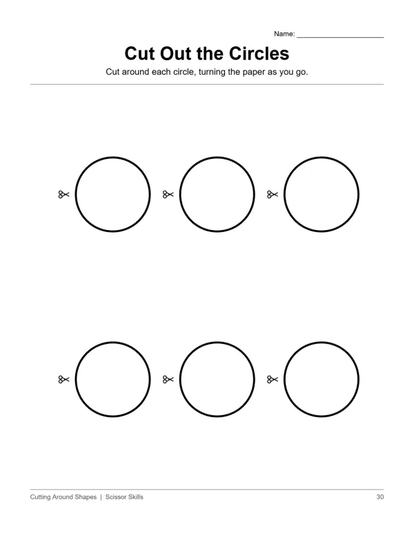 Six large circles with scissors icons next to them on a white background.